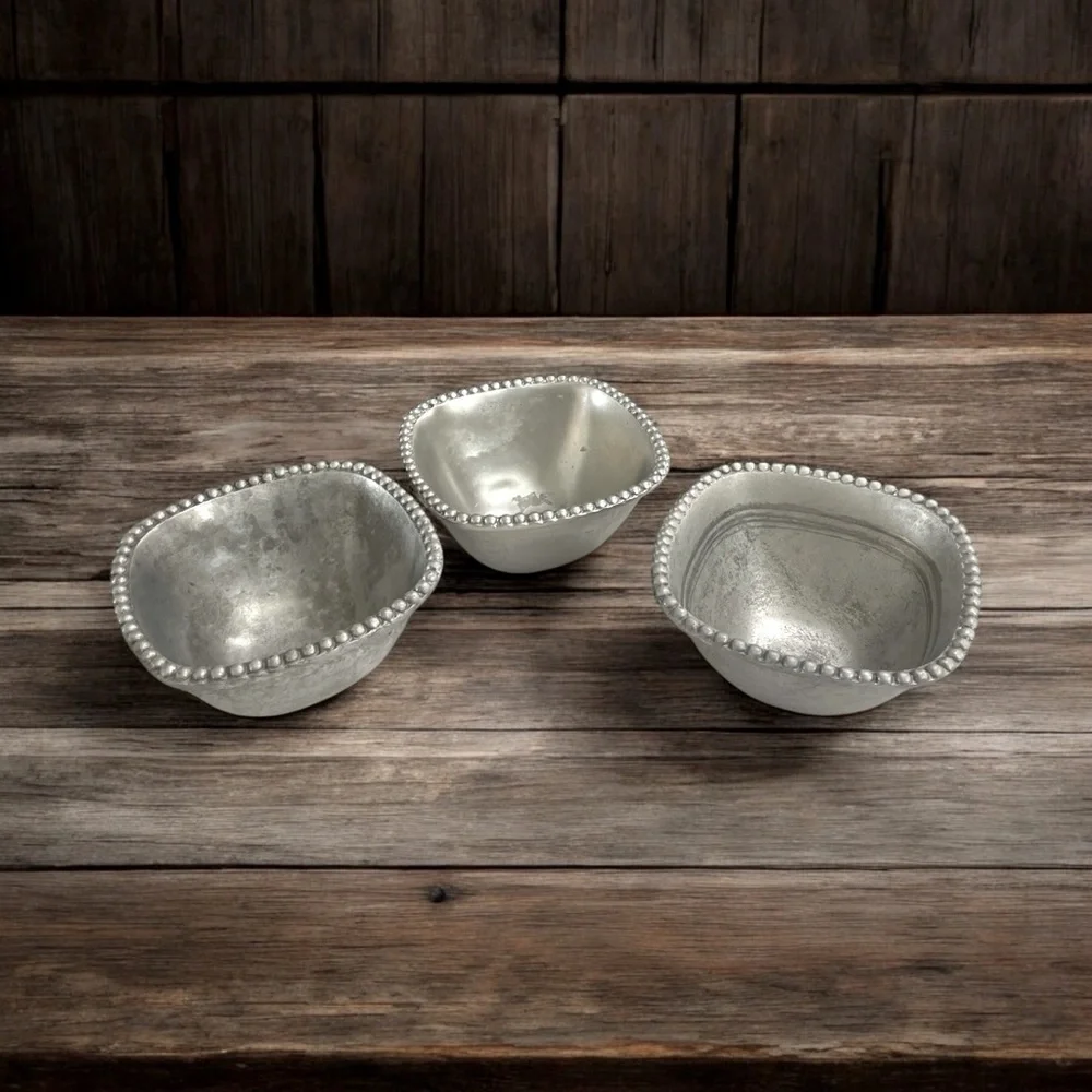 3 Vintage Beaded Silver Serving Bowls/ Planters 8” x 5” Square.